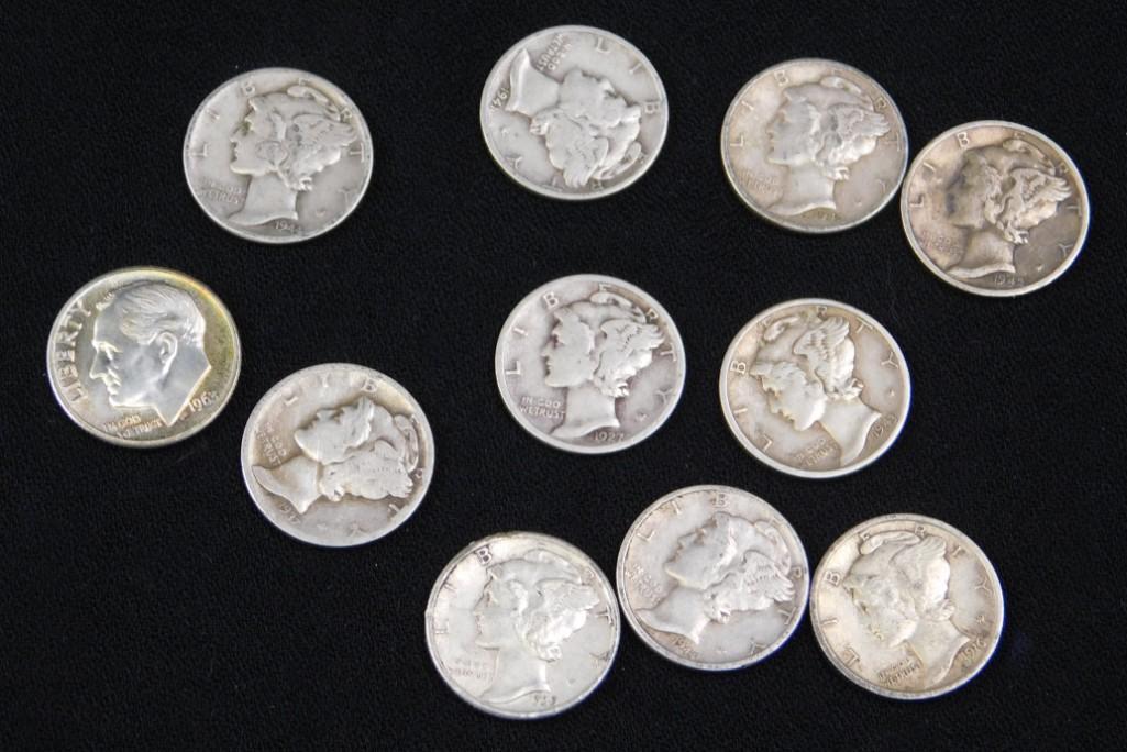 Lot of 10 Mercury Dimes and 1 Roosevelt Dime (1 of 2)