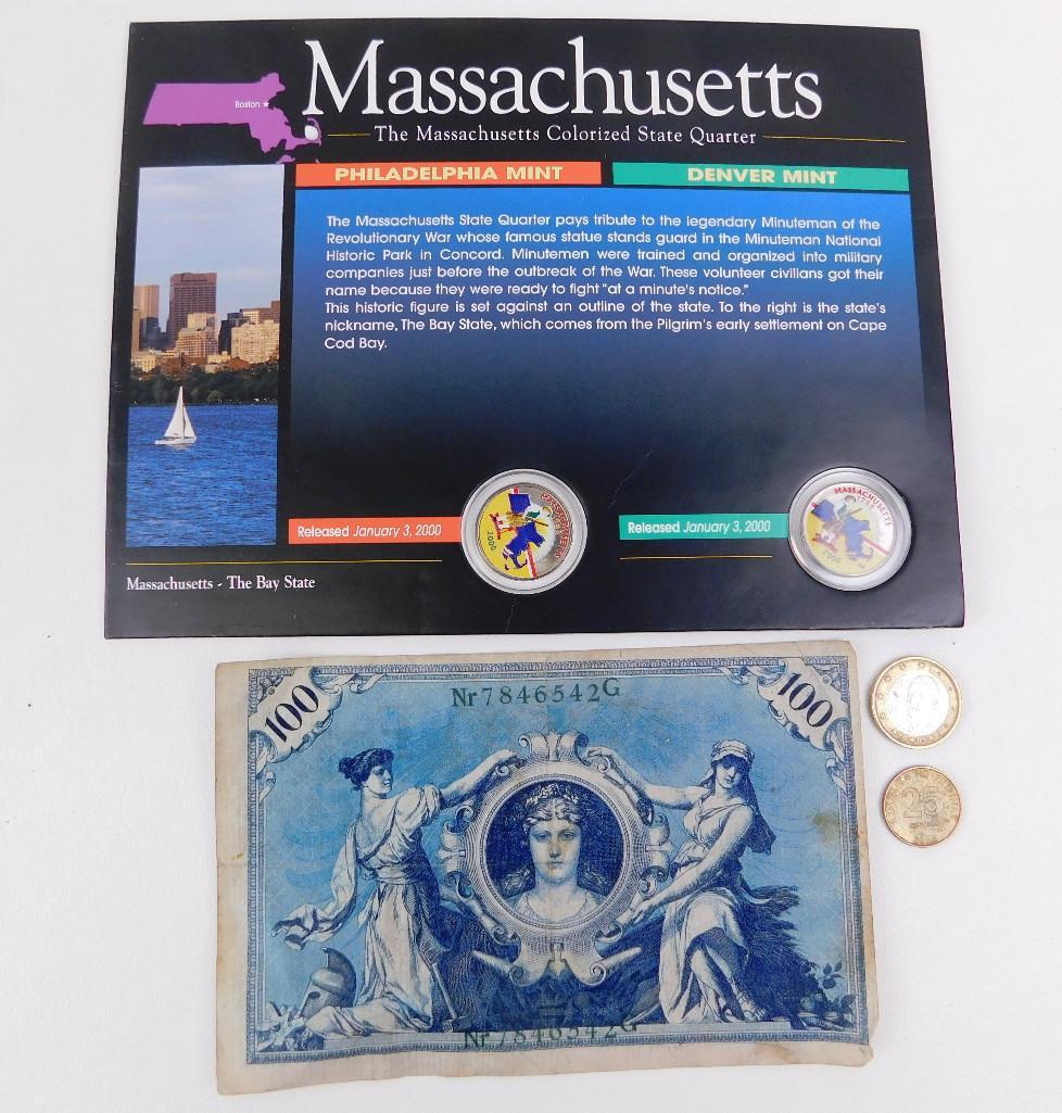 Massachusetts Colorized Quarter, Vintage German 100DM (1 of 2)