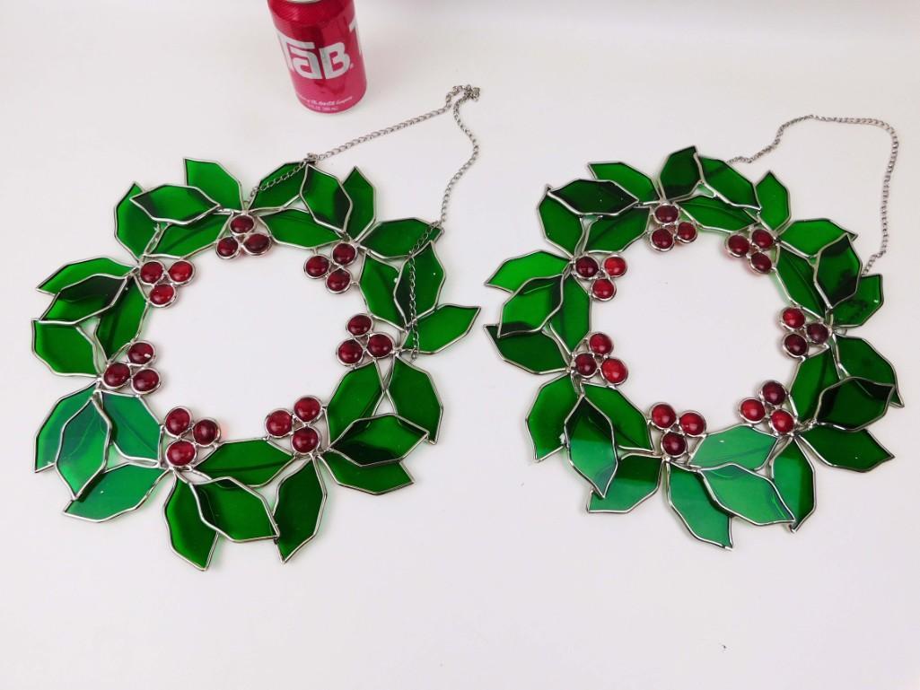 Set of 2 Stained Glass Wreath Window Hanging (1 of 2)