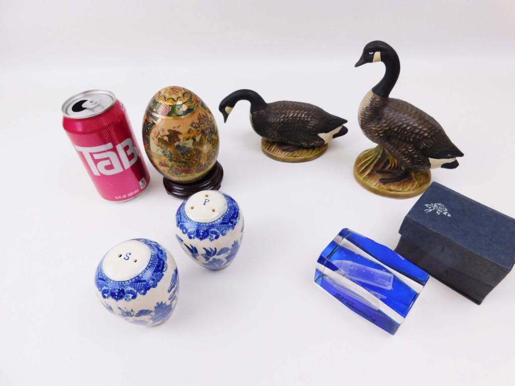 Lot of Collectible Smalls: Lot of Collectible Smalls including a decorative egg, a St. Thomas paperweight, salt and pepper shakers, etc