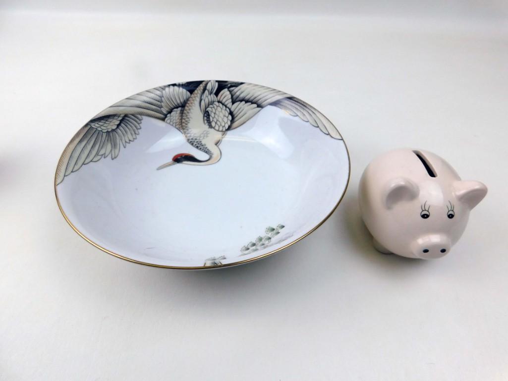 Fitz and Floyd Crane with Pin Bowl and a Ceramic Piggy: Fitz and Floyd Crane with Pin Bowl and a Ceramic Piggy Bank