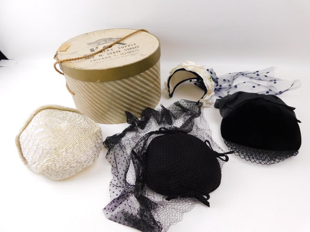 Lot of 4 Ladies Vintage Hats and a Vintage Hat Box: Lot of 4 Ladies Vintage Hats and a Vintage Hat Box