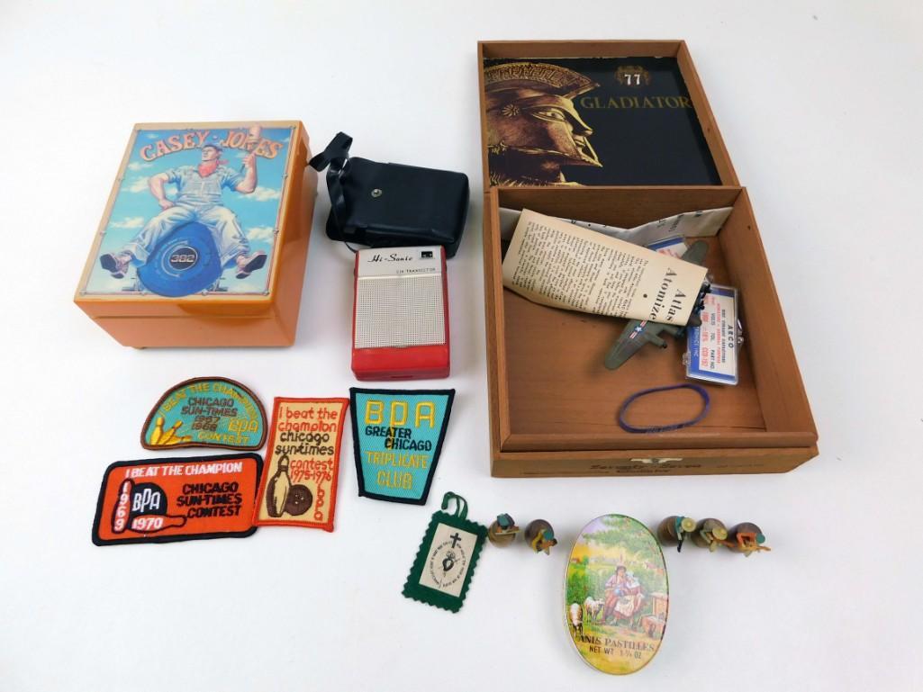 Lot of Vintage Smalls incl Transistor Radio, Toy: Lot of Vintage Smalls incl Transistor Radio, Toy Military Plane, Patches, 5 Miniature Musicians on Barrels, Casey Jones music box that doesn't work, cigar box, etc