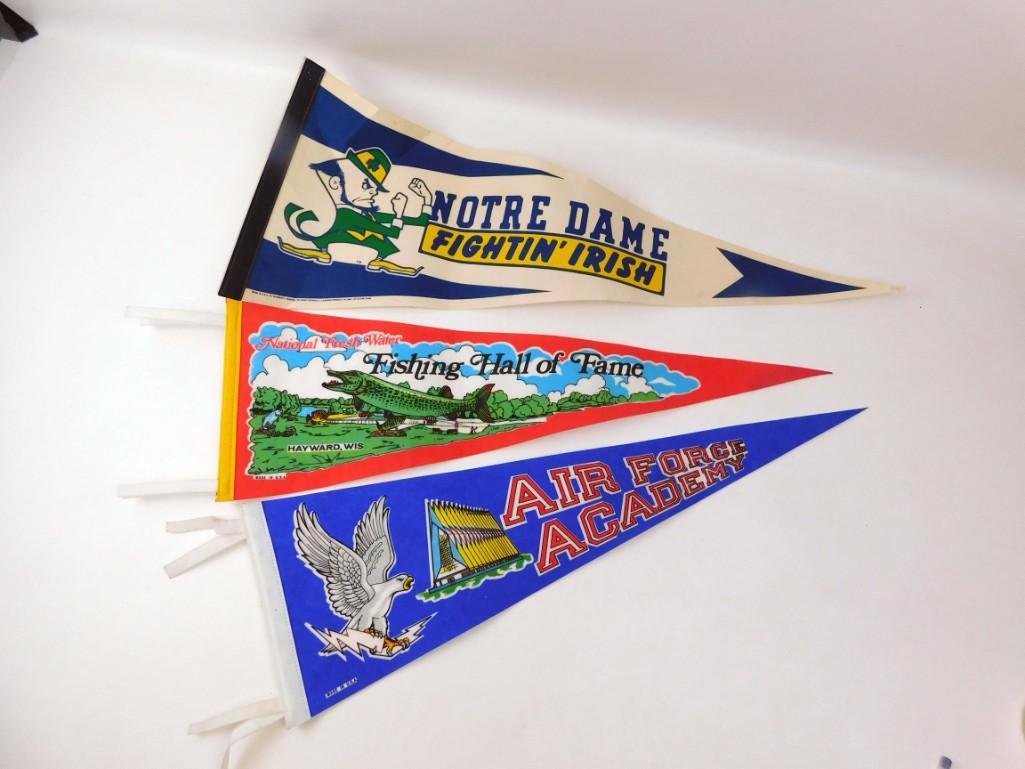 Lot of 3 Pennants incl Air Force Academy, Notre Dame,: Lot of 3 Pennants or banners incl Air Force Academy, Notre Dame, and Fishing Hall of Fame