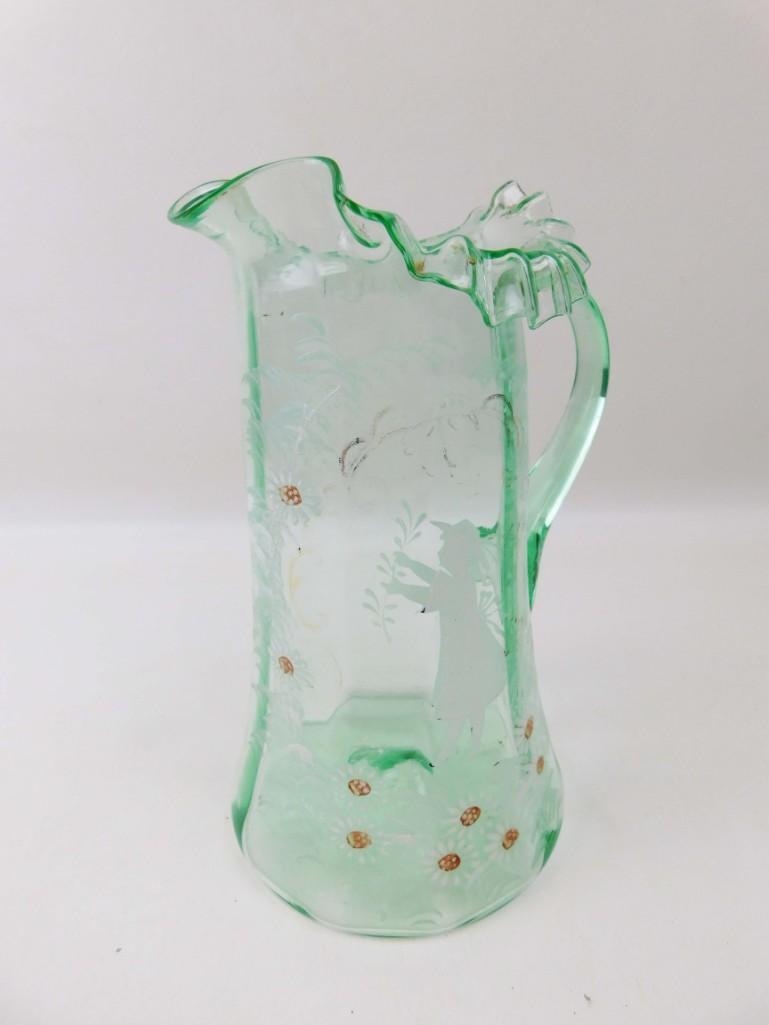 Vintage Green Glass Pitcher with Painted Daisies and: Vintage Green Glass Pitcher with Painted Daisies and Ruffled Edge