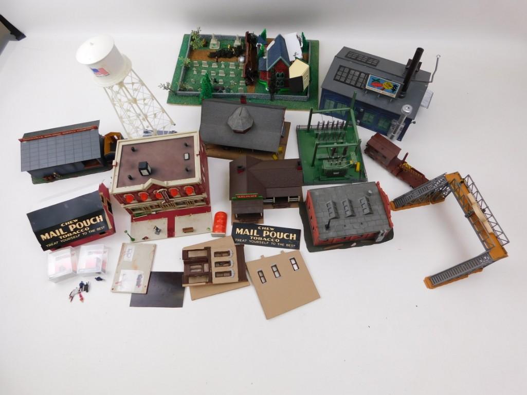 Lot of Model Railroad Accessories and Buildings: Lot of Model Railroad Accessories and Buildings including a toy barn with Mail Pouch Tobacco advertising on the roof