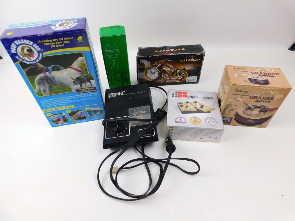 Misc Lot incl Motorcycle Alarm Clock, Vintage Ashtray,: Misc Lot incl Motorcycle Alarm Clock, Vintage Ashtray, Pentago Game, Microphone, etc