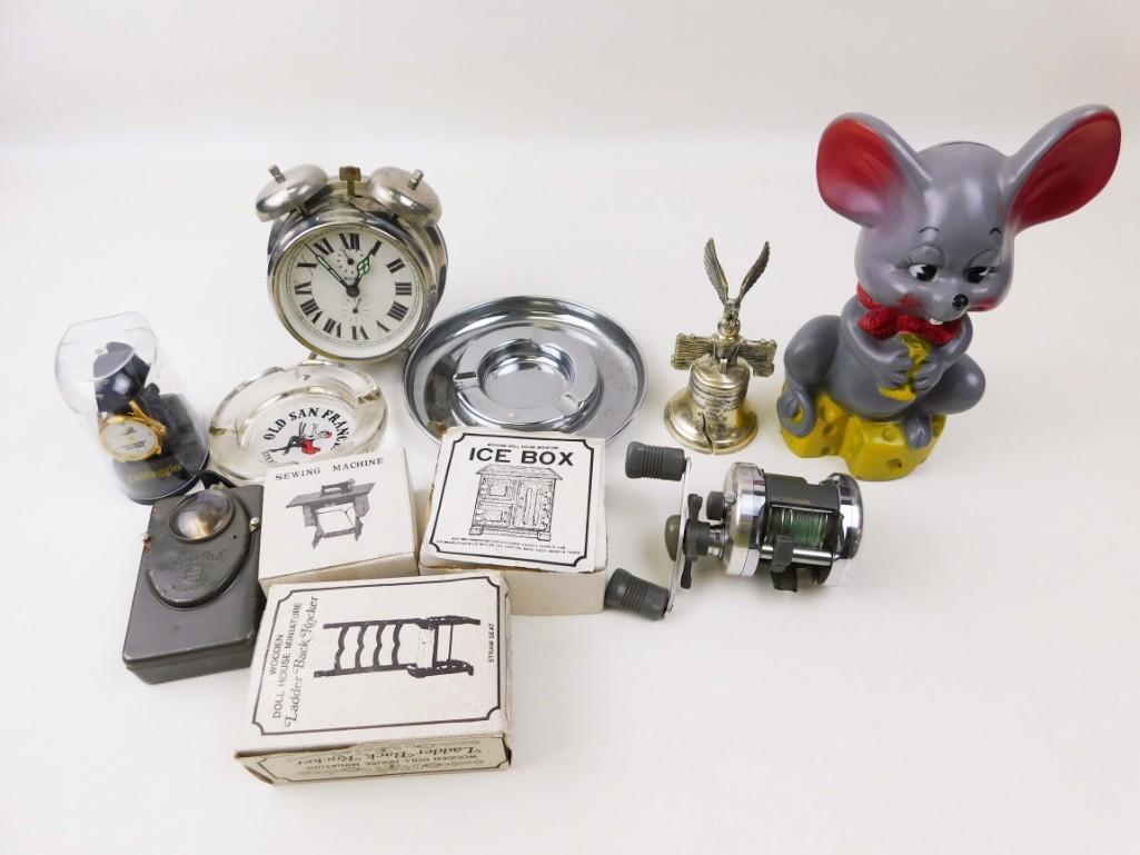 Lot of Misc and Collectibles: Lot of Misc and Collectibles including a fishing reel, a mouse coin bank, a Southwest Airlines watch, vintage ashtrays, dollhouse furniture, etc