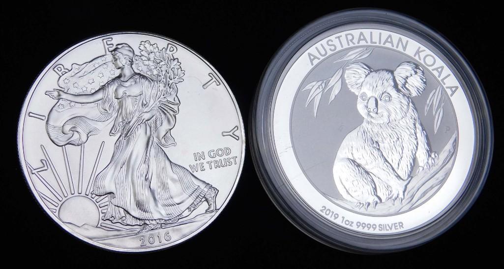 Lot of 2 Silver Coins incl BU 2019 Australian Koala: Lot of 2 Silver Coins incl BU 2019 Australian Koala Dollar .9999 Fine Silver and a 2016 BU American Silver Eagle . Each one is 1 oz for a total of 2 ounces of silver