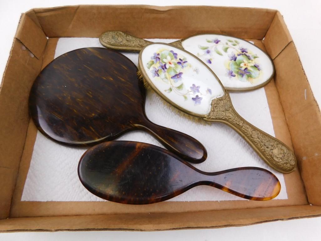 Lot of Vintage Brushes and Mirrors: Lot of Brushes and Mirrors Condition: The violet brush is a bit loose between the handle and the brush and the mirror is scratched