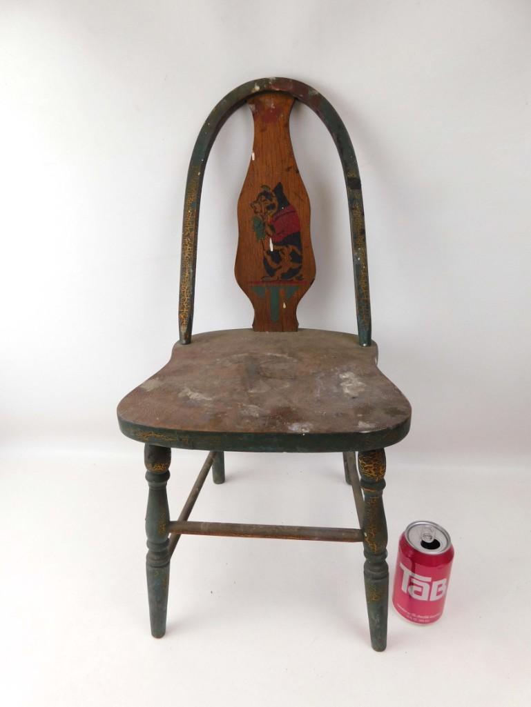 Child Size Vintage Wooden Chair: Child Size Antique Wood Chair with a cute animal design
