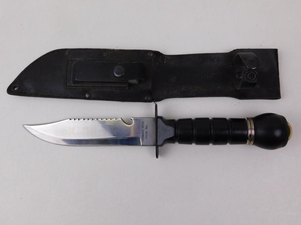 Stainless Steel Knife with Sheath: Stainless Steel Knife with Sheath Rostfrei is written on the blade