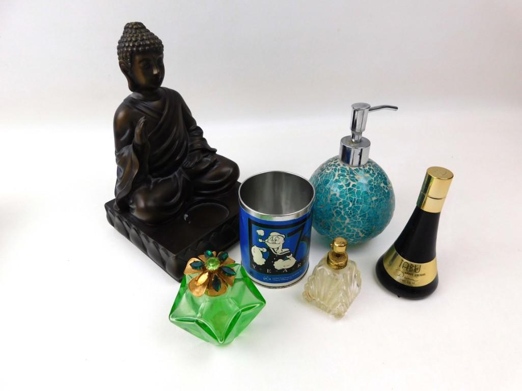 Lot of Smalls incl Perfume Bottles: Lot of Smalls incl Perfume Bottles Condition: The metal flower cap on the green perfume bottle is missing a petal and is bent . The Popeye can is dented and bent