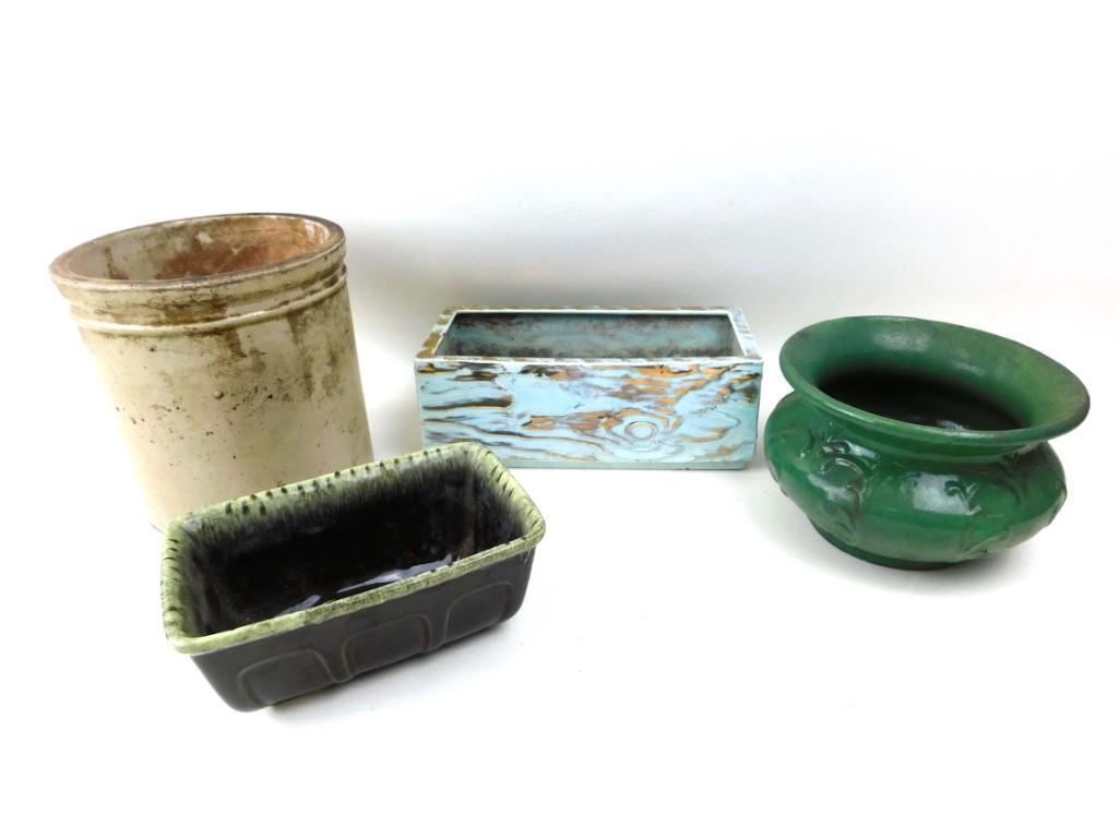 Lot of Pottery incl Green Vase, Stoneware Crock, Etc: Lot of Pottery incl Green Vase, Hull, Stoneware Crock, Etc Condition: Crock is cracked