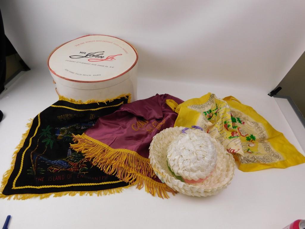 Vintage Ladies Hat with Hat box and Souvenir Fringe: Vintage Ladies Hat with Hat box and Souvenir Fringe Scarves Mr. John Jr. Hat Box, Puerto Rico Fringe, Texas and California Fringe Scarves. Hat says