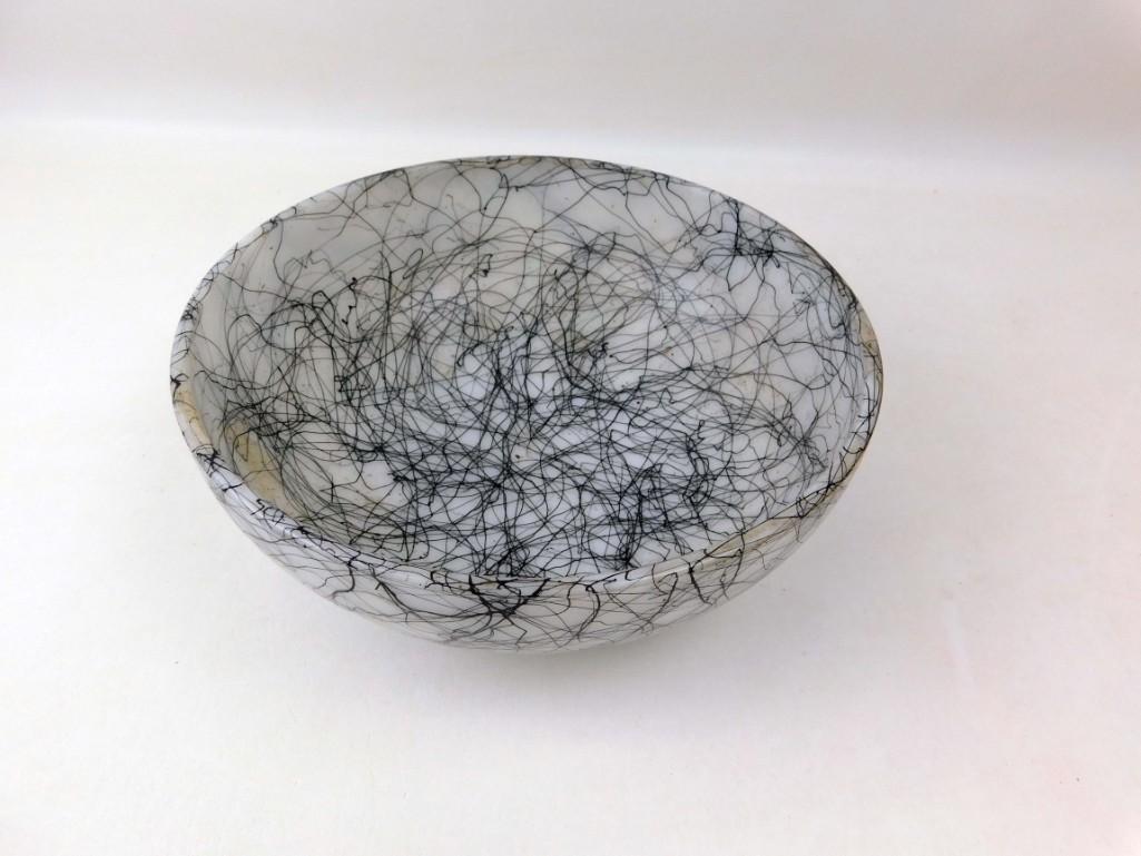 Hazel Atlas Mid Century Milk Glass Bowl Black Spaghetti: Hazel Atlas Mid-Century Milk glass Mixing Bowl or Batter Bowl Black Spaghetti String Drizzle
