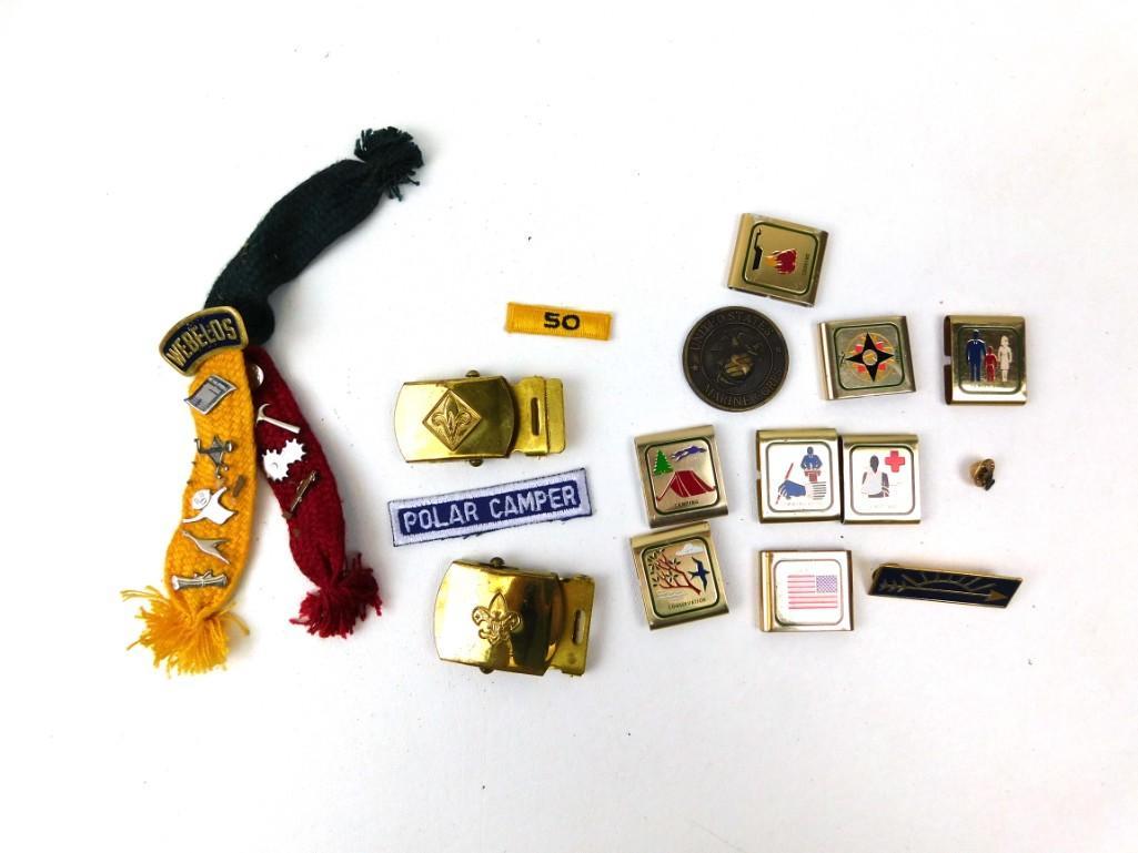 Lot of Boy Scout Collectibles incl Pins, Belt Buckles,: Lot of Boy Scout Collectibles incl Pins, Belt Buckles, Etc