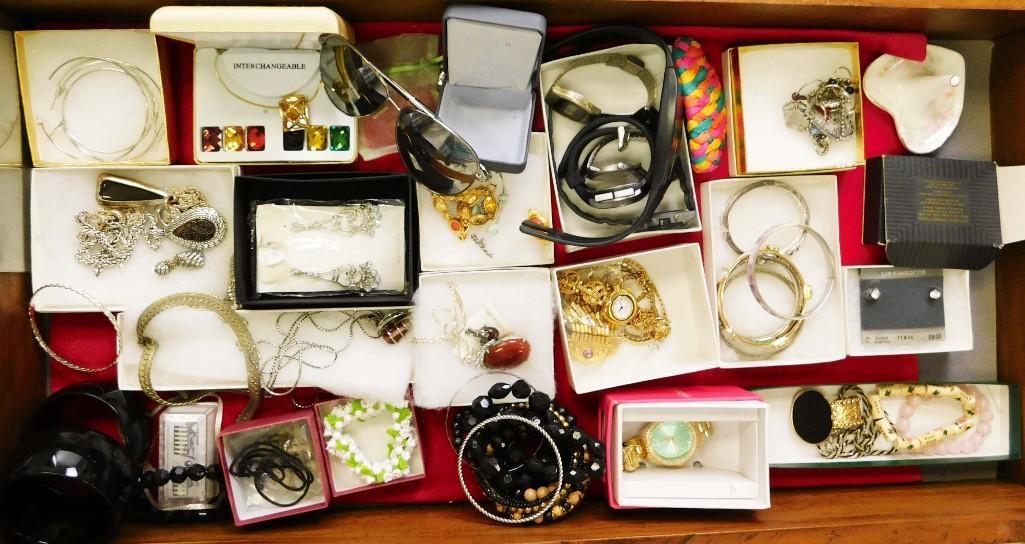 Lot of Costume Jewelry , Watches , Sunglasses, Etc: Lot of Costume Jewelry , Watches , Sunglasses, Etc Note: Wood Tray is not included