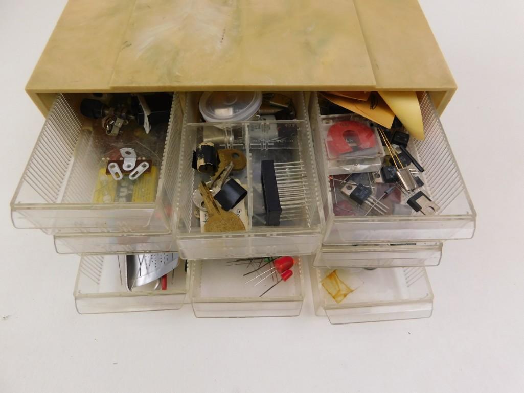 Tool box full of electrical components: Tool box full of electrical components Includes LED's microchip things, keys, capacitors, screws, fuses, etc. See all pictures.