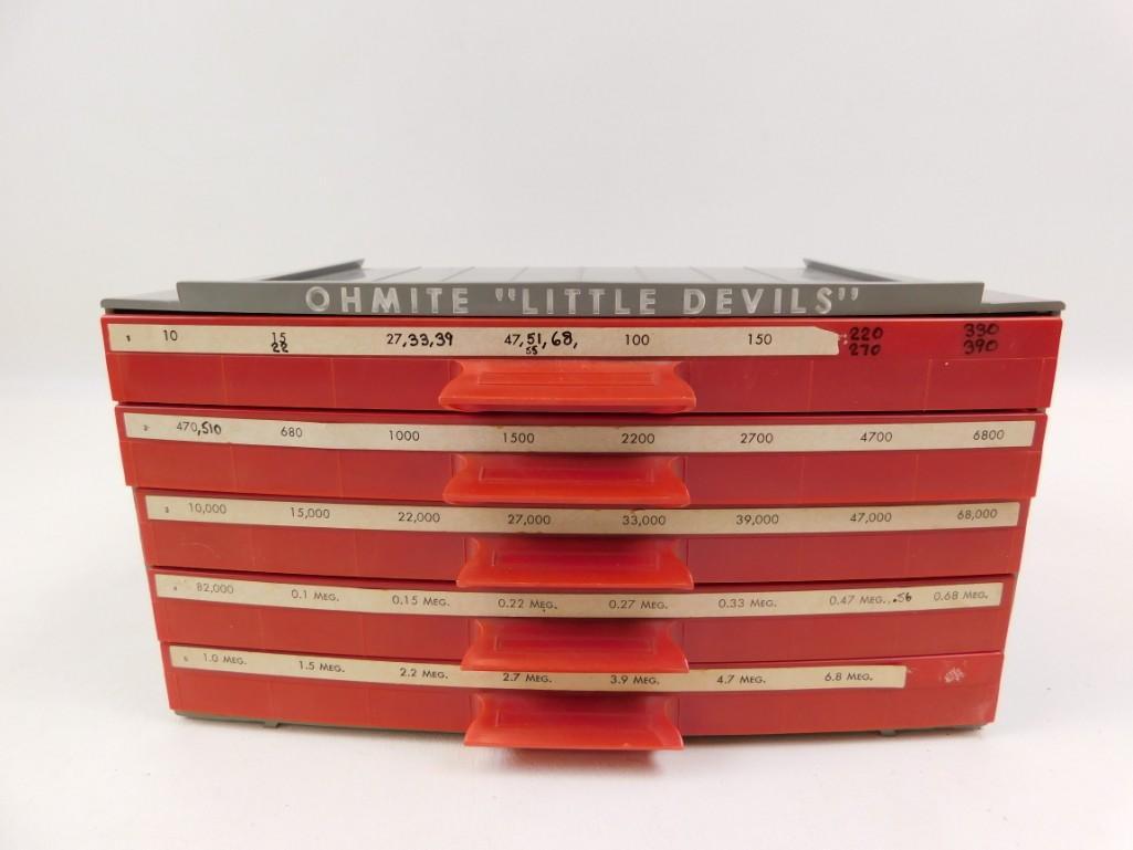 Ohmite "Little Devis" Resistor Tool Box: Ohmite "Little Devis" Resistor Tool Box I can't verify that the labels are accurate, it's been a while since I could read the resistance based on the band colors. There are tons of resistors though.
