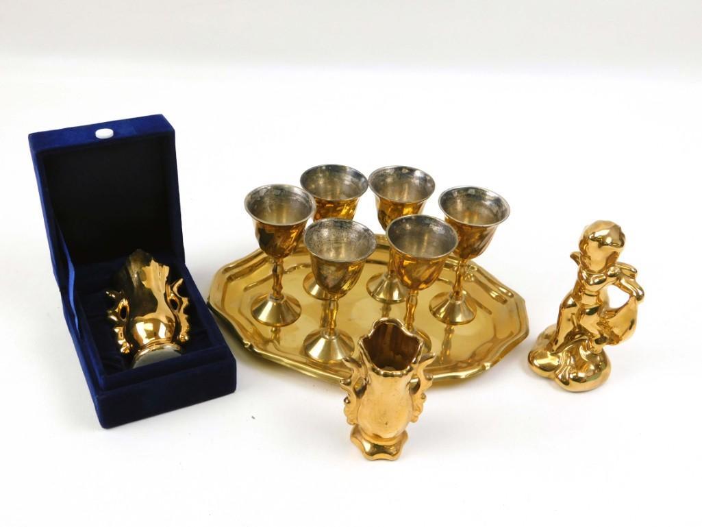 Brass Liqueur Set and Gold Gilt Ceramic Small Vases and: Brass Liqueur Set and Gold Gilt Ceramic Small Vases and Angel . These are the small, liqueur glasses (similar in size to a shot glass)