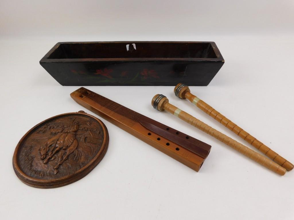 Misc Lot Spools for Industrial Sewing Machine, Wooden: Misc Lot Spools for Industrial Sewing Machine, Wooden Cowboy Wall Hanging, etc.