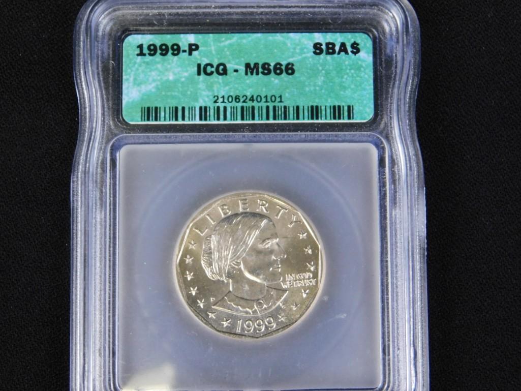 Graded 1999-P Susan B Anthony Dollar Coin ICG MS66: Graded 1999-P Susan B Anthony Dollar Coin ICG MS 66