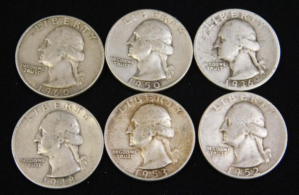 Lot of 6 Washington Quarters 90% Silver Good Dates (1 of 2)