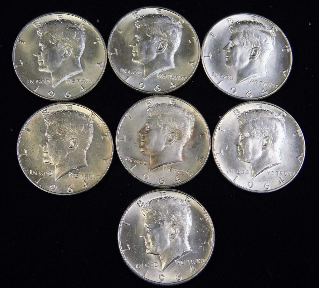 Lot of 7 AU 1964 Kennedy Half Dollars 90% Silver (1 of 2)