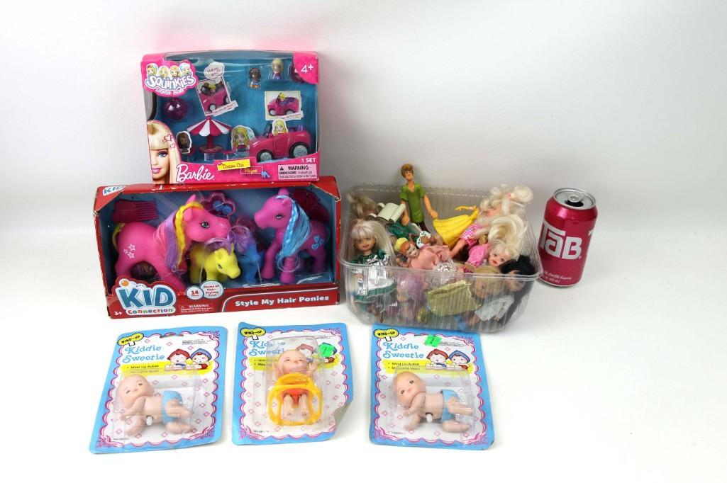 Lot of Toys incl Barbie Squinkies NIB , Ponies NIB ,: Lot of toys including new in box Barbie Squinkies , New in box Style my Hair Ponies , Kiddie Sweetie , and other dolls