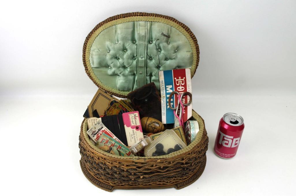 Vintage Sewing Basket Filled with Vintage Sewing: Vintage Sewing Basket Filled with Vintage Sewing Supplies including an antique needle case