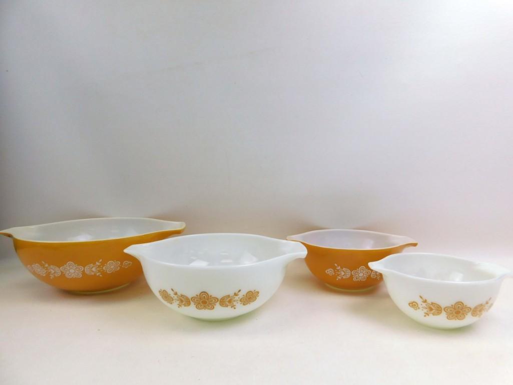 Set of 4 Vintage Pyrex Butterfly Gold Cinderella Mixing: Set of 4 Vintage Pyrex Butterfly Gold Cinderella Mixing Nesting Batter Bowls - 1 Pint, 1 1/2 Quart, 2 1/2 Quart & 4 Quart