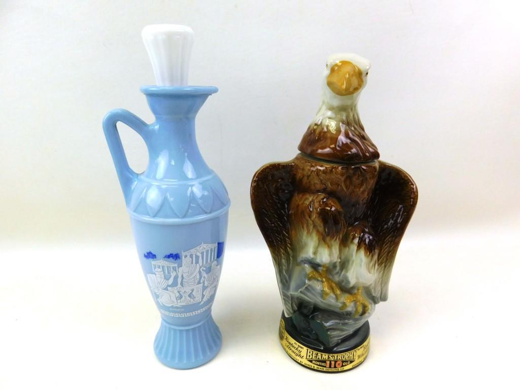 Lot of 2 Jim Beam Liquor Decanters EMPTY incl Bald: Lot of 2 EMPTY Jim Beam Liquor Decanters incl Bald Eagle and a Greek Style