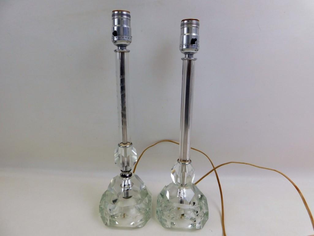 Lot of 2 Crystal Table Lamps: Lot of 2 Crystal Table Lamps or Bedroom Lamps. These are not quite a matched set, one has etching on the narrow part of the base and the other does not Condition: not quite matched, 