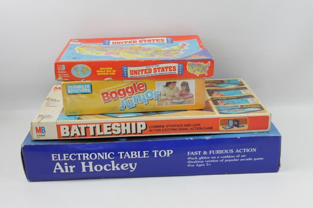 Vintage Board Games: Vintage Board Games incl Battleship , Boggle Junior (still wrapped in original plastic, Map of the United States, and Electronic Table Top Air Hockey Condition: Not checked for completeness