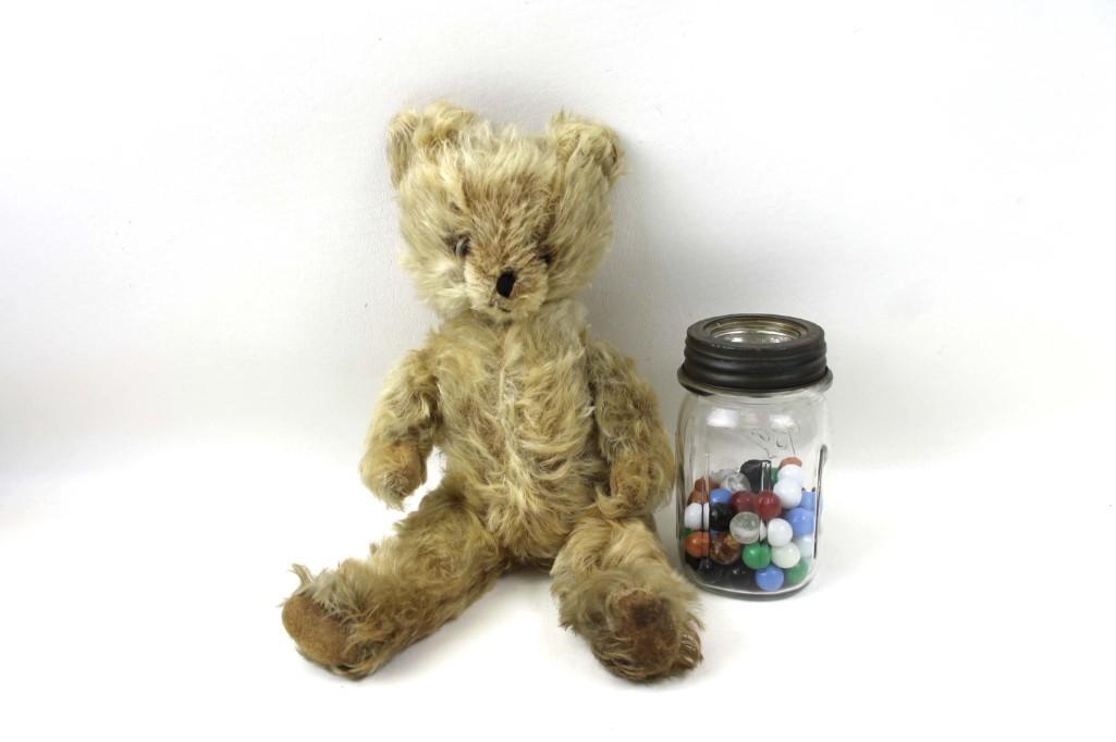Vintage Jointed Mohair Teddy Bear and Vintage Marbles: Vintage Jointed Mohair Teddy Bear and a Ball Jar of Vintage Marbles