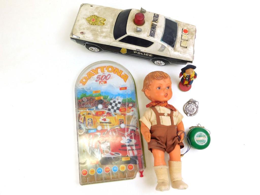 Lot of Vintage Toys incl Goebel Hummel Doll, Yo-Yo ,: Lot of Vintage Toys incl Goebel Hummel Doll, Yo-Yo , police car, Daytona 500 game, etc