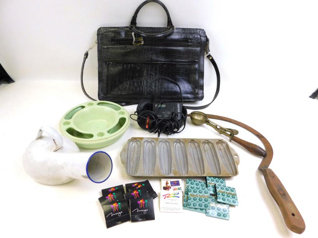 Lot of Misc incl Vintage Sickle Saw, Pottery, Sony: Lot of Misc incl Vintage Sickle Saw, Pottery, Sony Walkman , Enamelware, Matchbooks, etc