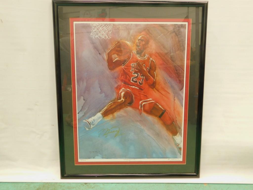 Autographed Framed Michael Jordan Limited Print: Autographed Framed Michael Jordan Limited Print "Hangtime" by K. Akins #159 / 300 Signed by both Michael Jordan and K. Akins Consignor guarantees the signatures are authentic Roughly 28.5" by 23"