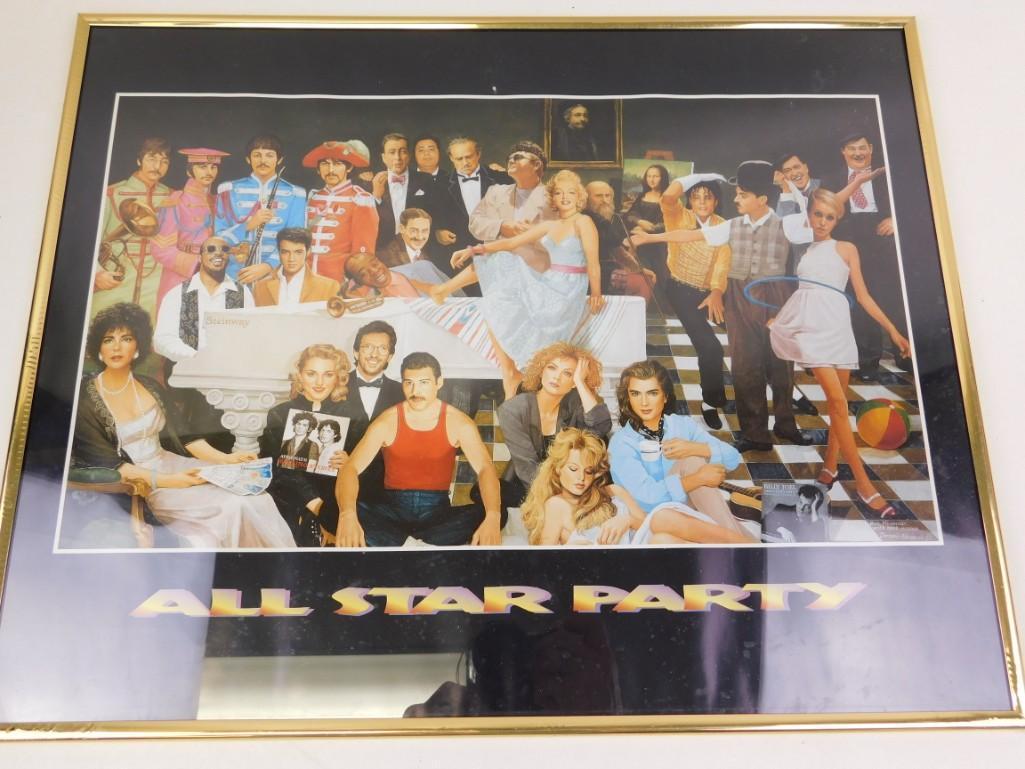 All Star Party Framed Poster: All Star Party Framed Poster includes Marilyn Monroe , Elvis , The Beatles , Stevie Wonder , Louis Armstrong , Freddie Mercury , Elizabeth Taylor , Etc 20" x 16"