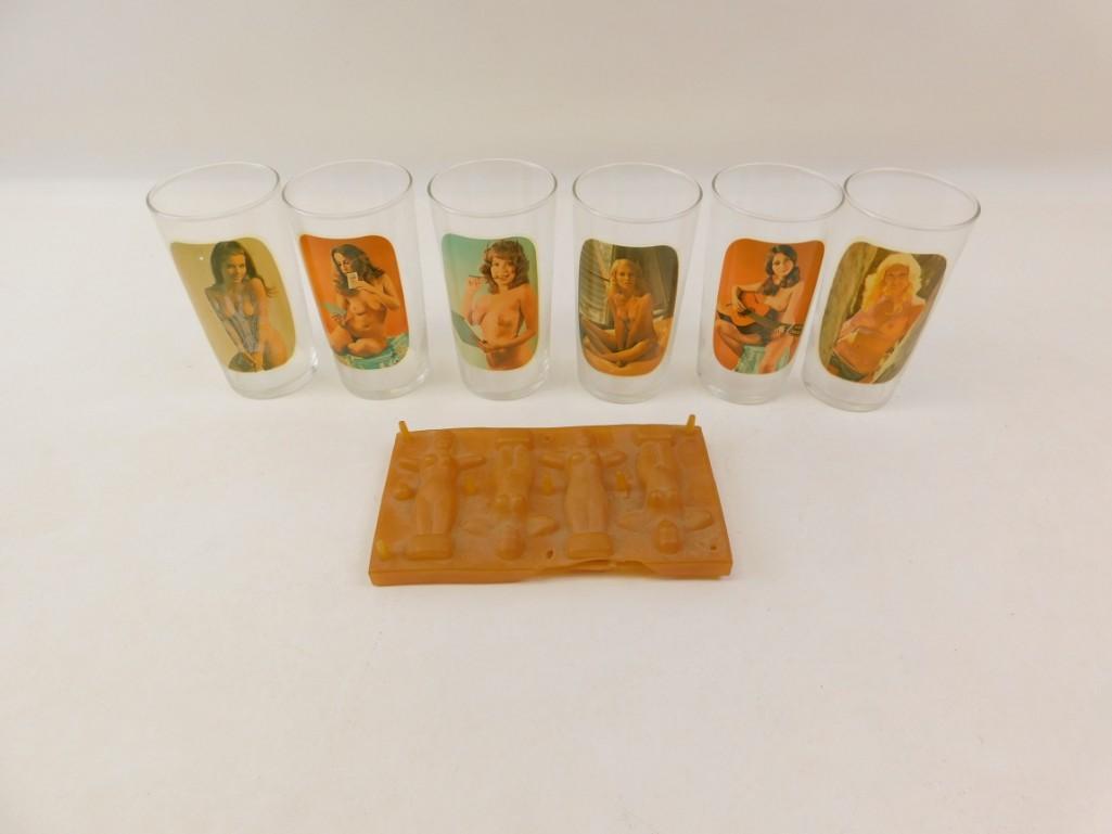 Lot of 6 Vintage Nude Peek-a-boo drinking Glasses and a: Lot of 6 Vintage Nude Peekaboo drinking Glasses and a nude woman mold The mold is very brittle due to age and is cracking.
