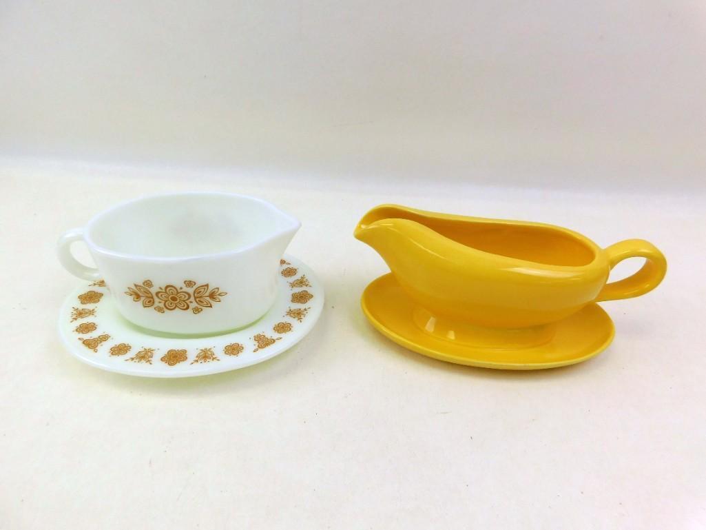 Pyrex Butterfly Gold Gravy Boat with Underplate and a: Pyrex Butterfly Gold Gravy Boat with Underplate and a Yellow Gravy Boat