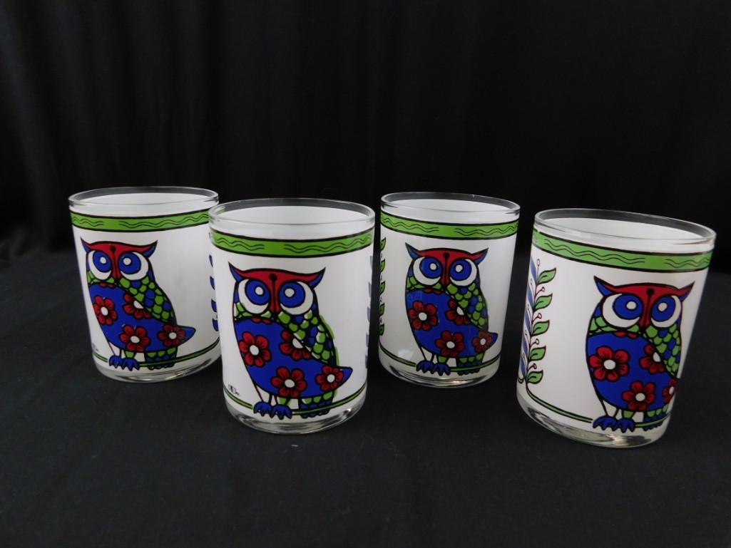 Cora Owl Low Ball Drinking Glasses or Barware Rocks: Set of 4 Vintage Mid Century Cora Owl Low Ball Drinking Glasses or Barware Rocks Glasses