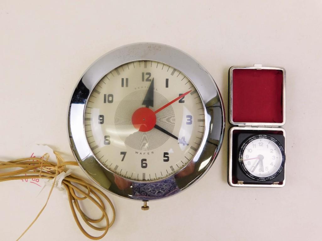Mid Century Sentinel Wafer Wall Clock by Henry Dreyfuss: Mid Century Sentinel Wafer Wall Clock by Henry Dreyfuss For Ingraham plus a vintage travel clock