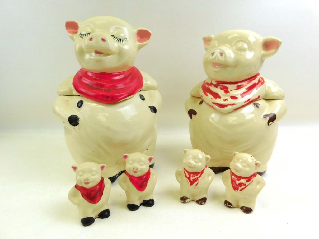 2 Shawnee Smiley Pig Cookie Jars and 2 Sets of Smiley: 2 Shawnee Smiley Pig Cookie Jars and 2 Sets of Smiley Pig Salt and Pepper Shakers Condition: The paper labels are long gone on these, but they are stamped " USA " on the bottom as Shawnee is.&nb