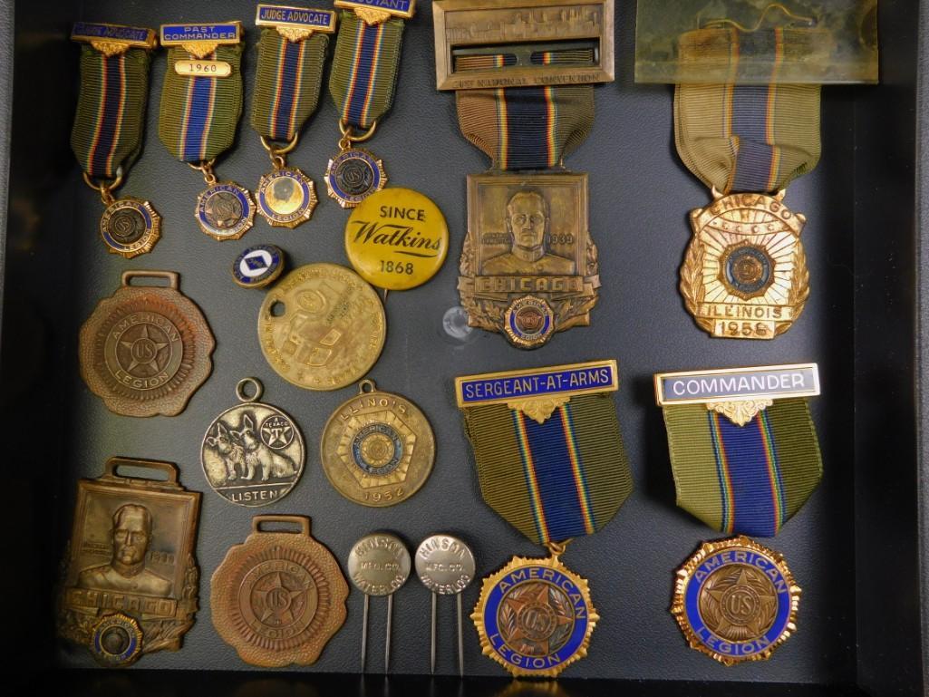 41- Lot of American Legion Medals and old buttons and: 41- Lot of American Legion Medals and old buttons and tags, etc.