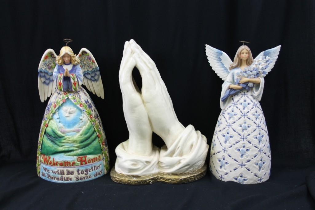Lot of 3 Religious Figurines incl Angels and Praying: Lot of 3 Religious Statues or Figurines incl Angels and Praying Hands