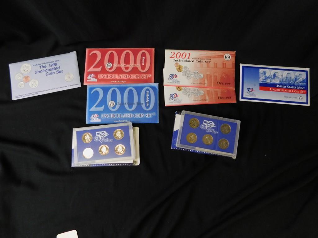 Multiple sets of U.S. Proof coin sets: Multiple sets of U.S. Proof coin sets Includes Denver and Philadelphia versions of 1998, 2000 Includes 2 sets of 2001 Denver Includes a 2002 Philadelphia set Includes two 2002 S Mint Quarter Sets