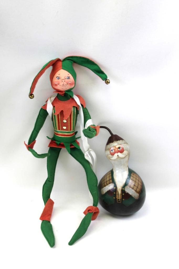 Annalee Jester Doll and a Modern Santa Decoration: Annalee Christmas Jester Doll and a Modern Santa Decoration The Annalee doll has a fanny may ribbon or sash which I don't think is original to the doll and can be easily removed if desired