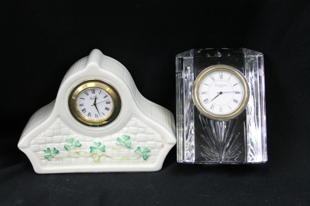Belleek Clock and a Waterford Crystal Clock: Lot of 2 desk clocks including a Belleek Shamrock Clock and a Waterford Crystal Clock